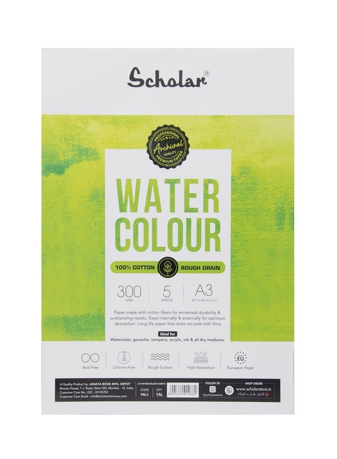 Scholar 100% Cotton Watercolor Paper - 300 GSM Rough Textured Artist Paper | Premium Professional Watercolour Sheets for Washes, Layering & Fine Art Painting (5 Loose Sheets) (A3) - Image 1